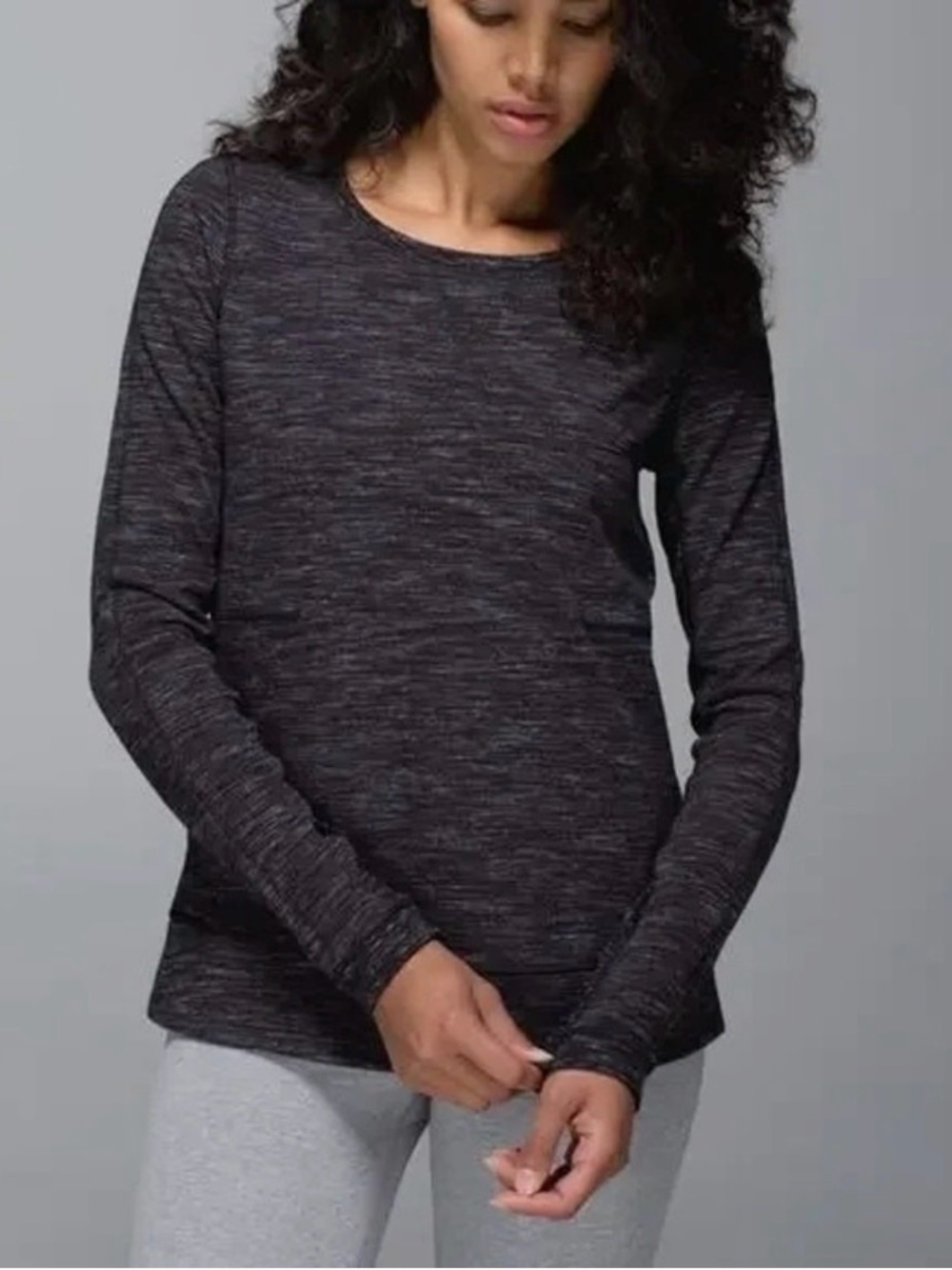 Lululemon Exhalation Pullover, Size 10  
Marled Black